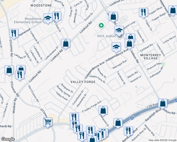 map of restaurants, bars, coffee shops, grocery stores, and more near 12815 Independence Ave in San Antonio