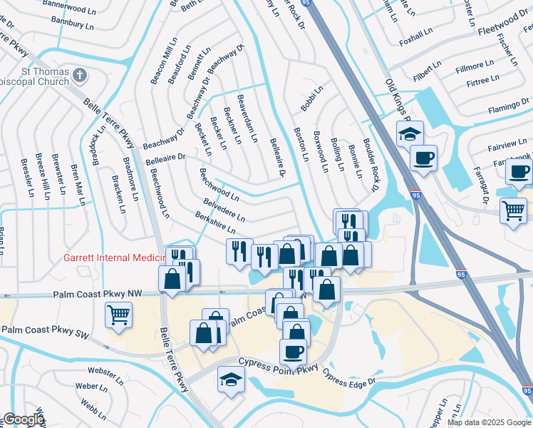 map of restaurants, bars, coffee shops, grocery stores, and more near 93 Belvedere Lane in Palm Coast