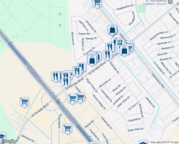 map of restaurants, bars, coffee shops, grocery stores, and more near 265 El Dorado Boulevard in Webster