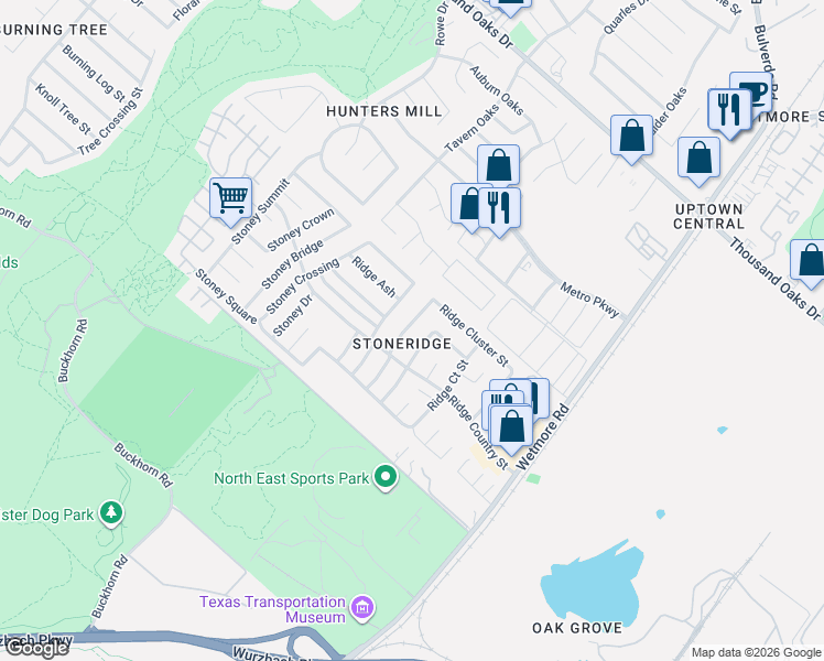 map of restaurants, bars, coffee shops, grocery stores, and more near 12222 Ridge Spur Street in San Antonio