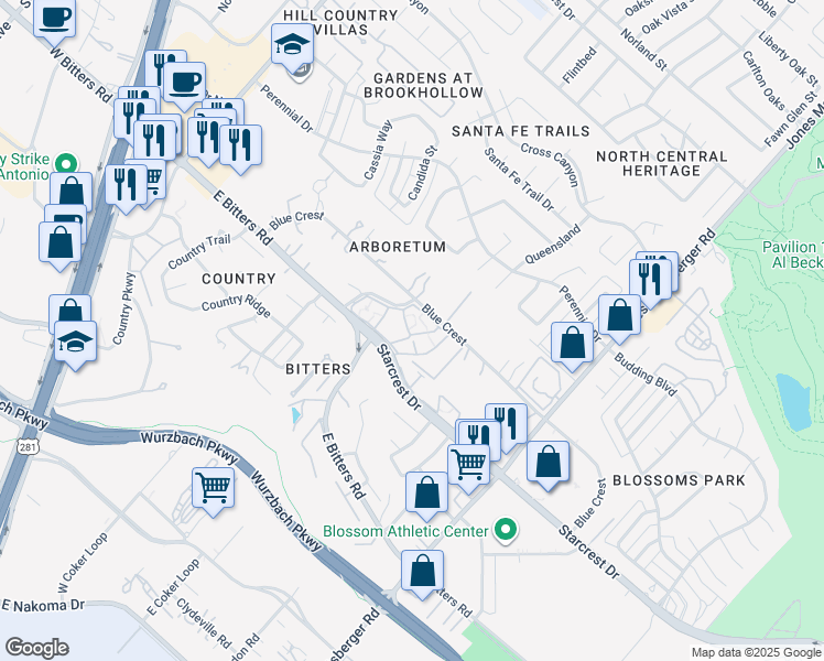 map of restaurants, bars, coffee shops, grocery stores, and more near 7 Starcrest Drive in San Antonio