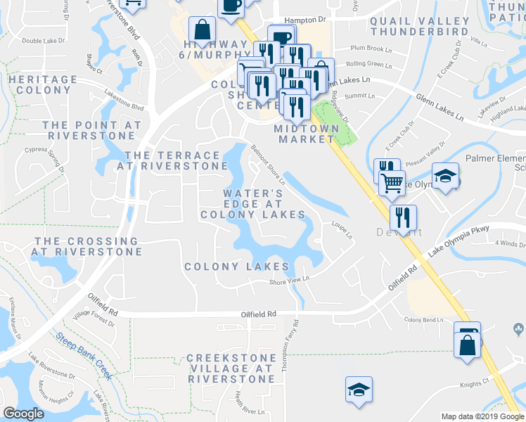 map of restaurants, bars, coffee shops, grocery stores, and more near 3811 Abalone Cove in Missouri City