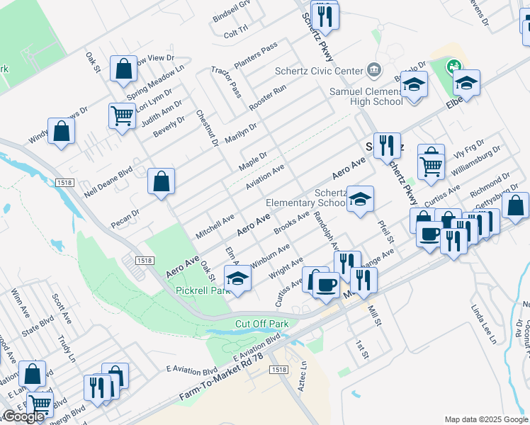 map of restaurants, bars, coffee shops, grocery stores, and more near 412 Aero Avenue in Schertz