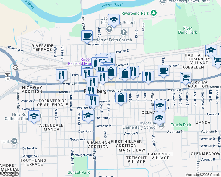 map of restaurants, bars, coffee shops, grocery stores, and more near 1015 3rd Street in Rosenberg