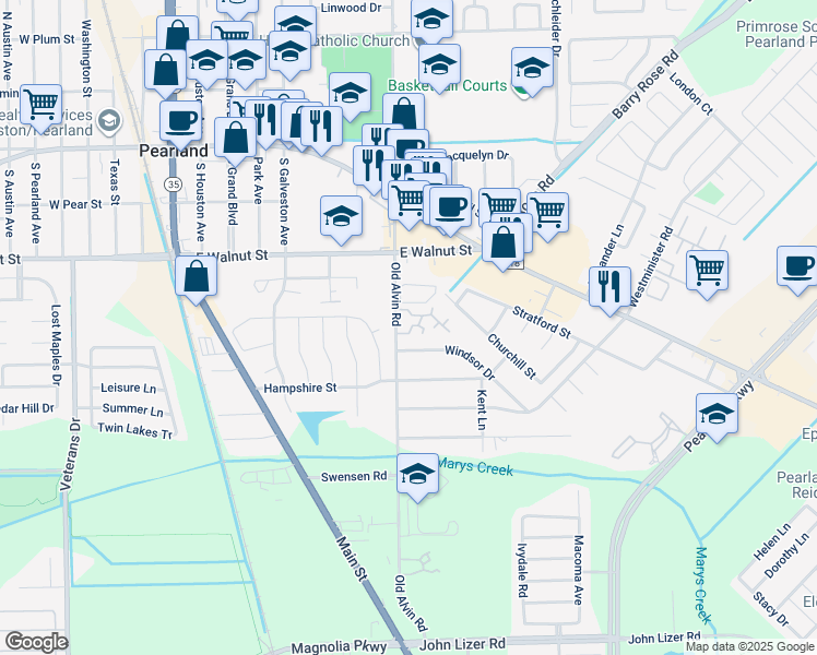 map of restaurants, bars, coffee shops, grocery stores, and more near 2709 Old Alvin Road in Pearland
