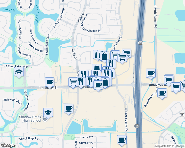 map of restaurants, bars, coffee shops, grocery stores, and more near 2811 Morning Brook Way in Pearland