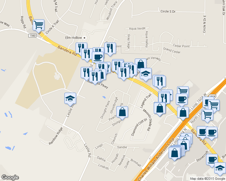 map of restaurants, bars, coffee shops, grocery stores, and more near 12131 Drought Pass in Helotes