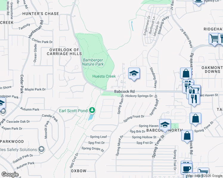 map of restaurants, bars, coffee shops, grocery stores, and more near 6932 Abbey Falls in San Antonio