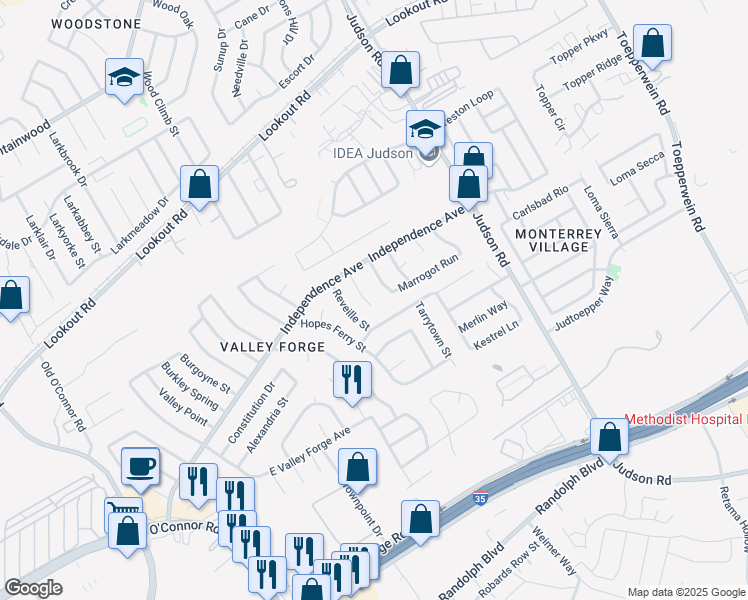 map of restaurants, bars, coffee shops, grocery stores, and more near 12910 Henderson Camp Street in San Antonio