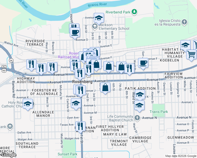 map of restaurants, bars, coffee shops, grocery stores, and more near 1015 3rd Street in Rosenberg