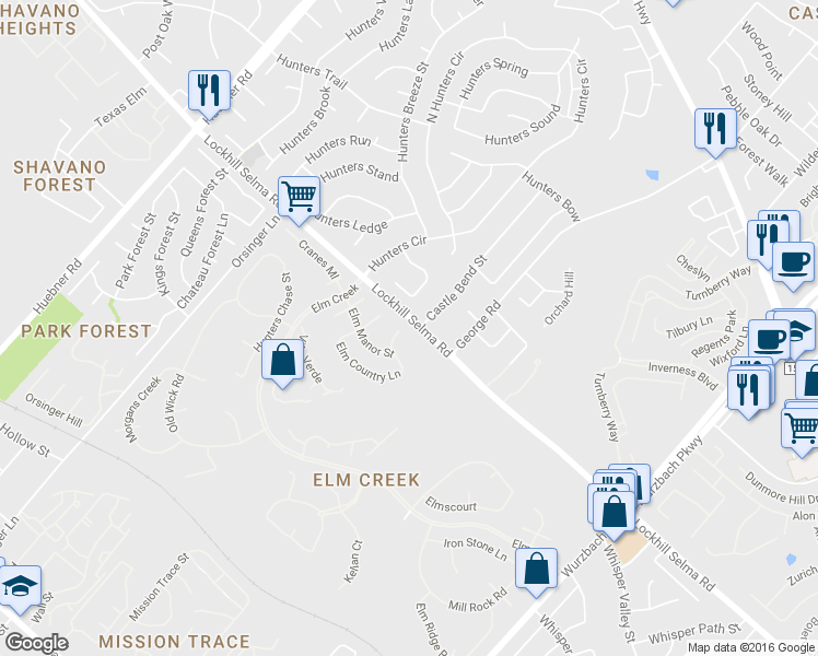map of restaurants, bars, coffee shops, grocery stores, and more near 3402 Elm Hill Street in San Antonio