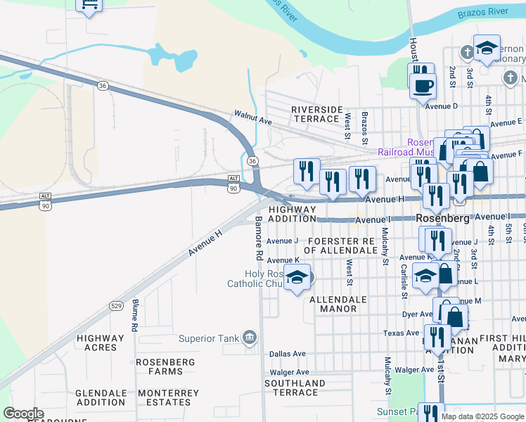 map of restaurants, bars, coffee shops, grocery stores, and more near 802 Avenue H in Rosenberg