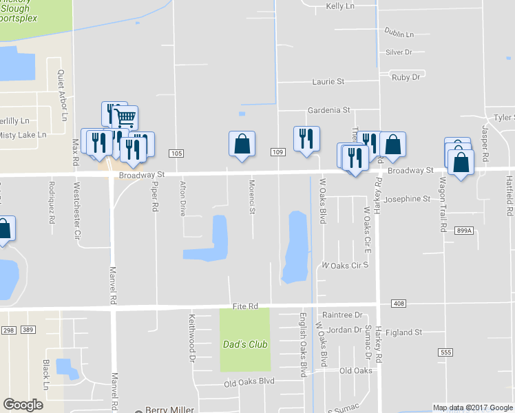 map of restaurants, bars, coffee shops, grocery stores, and more near 2751 Morenci Street in Pearland