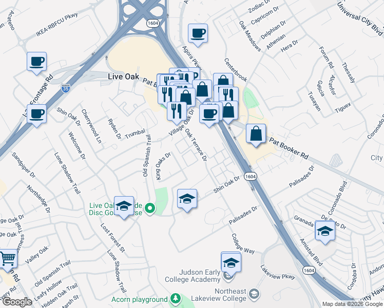 map of restaurants, bars, coffee shops, grocery stores, and more near 13012 Oak Terrace Drive in San Antonio