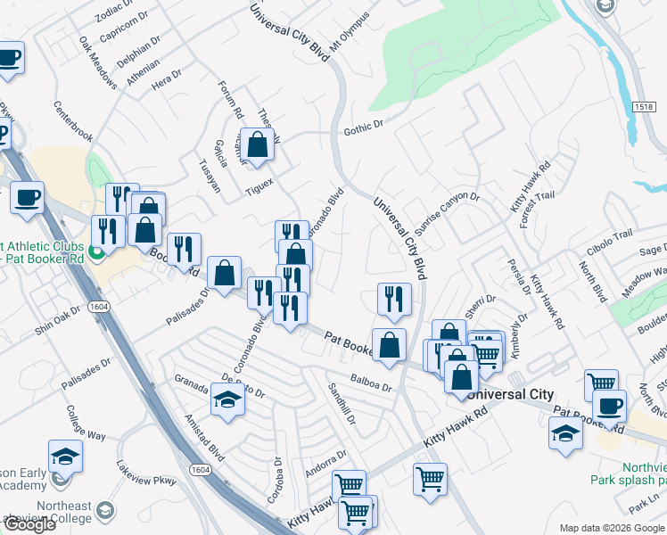 map of restaurants, bars, coffee shops, grocery stores, and more near 8423 Branch Hollow Drive in Universal City