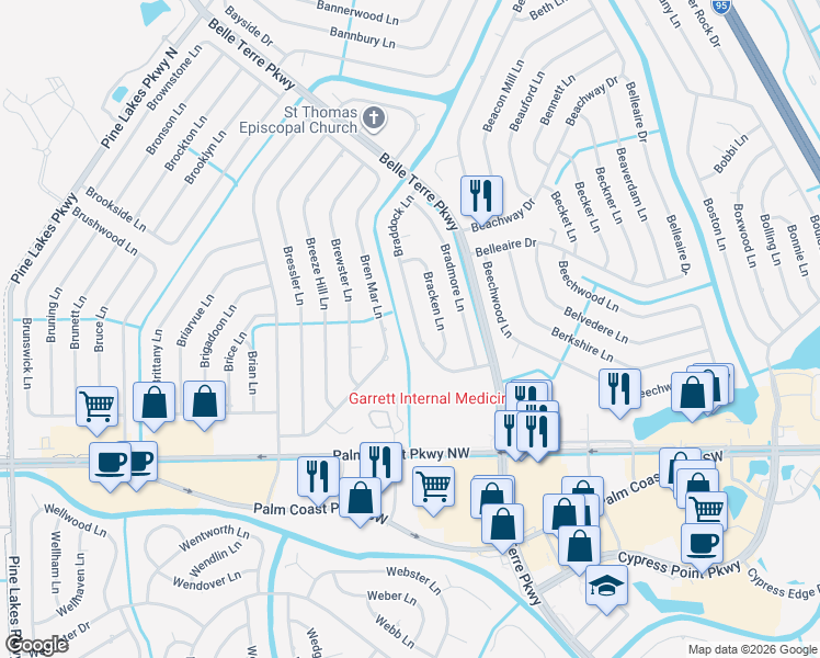 map of restaurants, bars, coffee shops, grocery stores, and more near 46 Braddock Lane in Palm Coast
