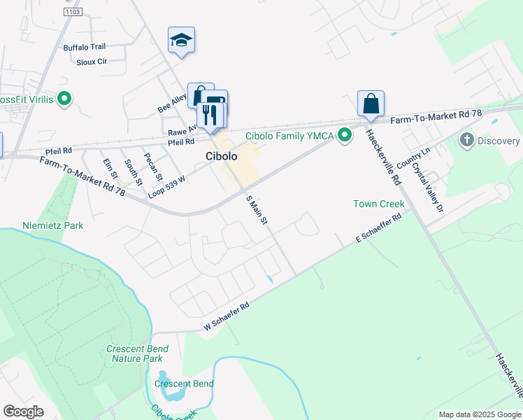 map of restaurants, bars, coffee shops, grocery stores, and more near 304 South Main Street in Cibolo