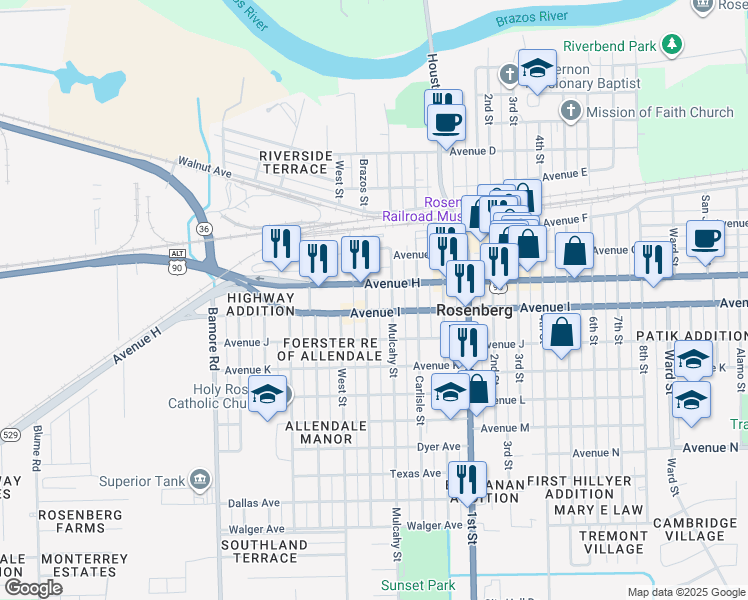 map of restaurants, bars, coffee shops, grocery stores, and more near 1018 Mulcahy Street in Rosenberg