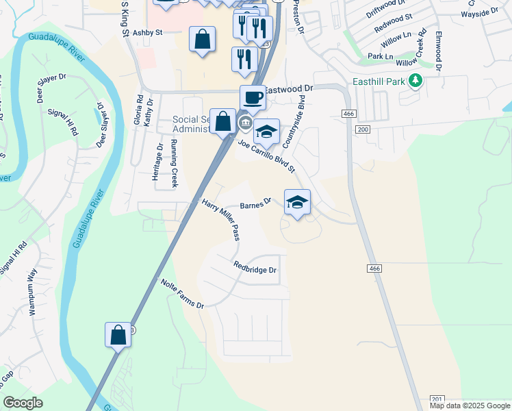 map of restaurants, bars, coffee shops, grocery stores, and more near 1444 Barnes Drive in Seguin