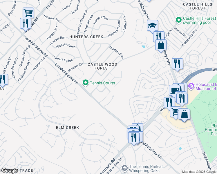 map of restaurants, bars, coffee shops, grocery stores, and more near 12410 King Walnut Street in San Antonio