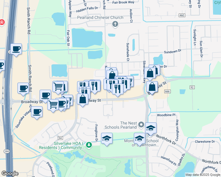 map of restaurants, bars, coffee shops, grocery stores, and more near 2837 County Road 93 in Pearland