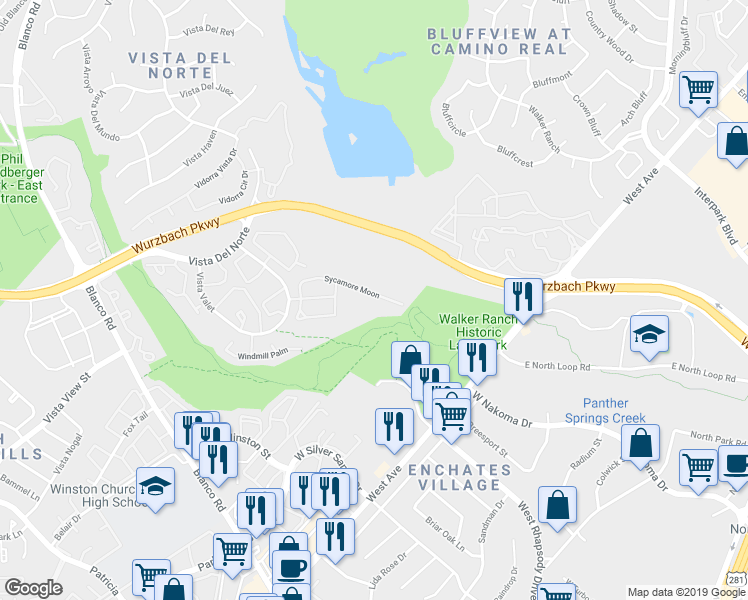 map of restaurants, bars, coffee shops, grocery stores, and more near 750 Sycamore Moon in San Antonio