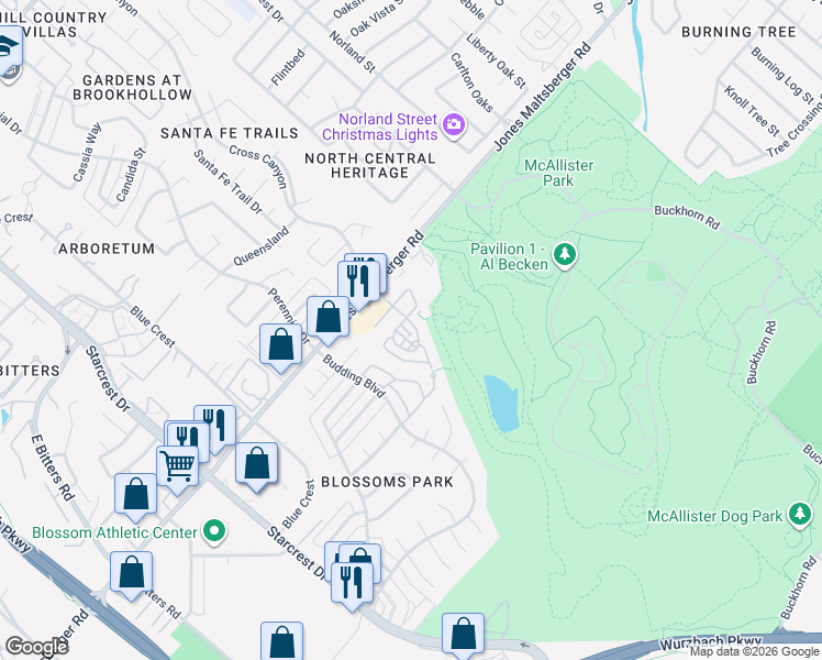 map of restaurants, bars, coffee shops, grocery stores, and more near 6 Cross Canyon in San Antonio