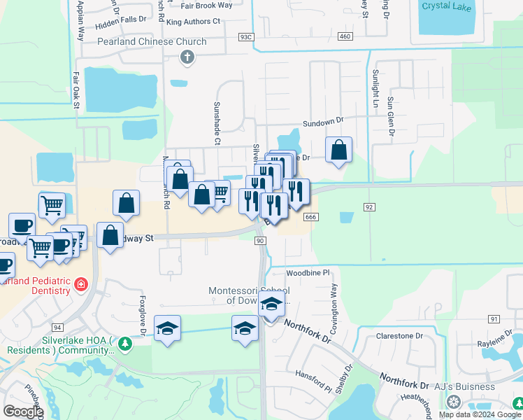 map of restaurants, bars, coffee shops, grocery stores, and more near 9431 Broadway Street in Pearland