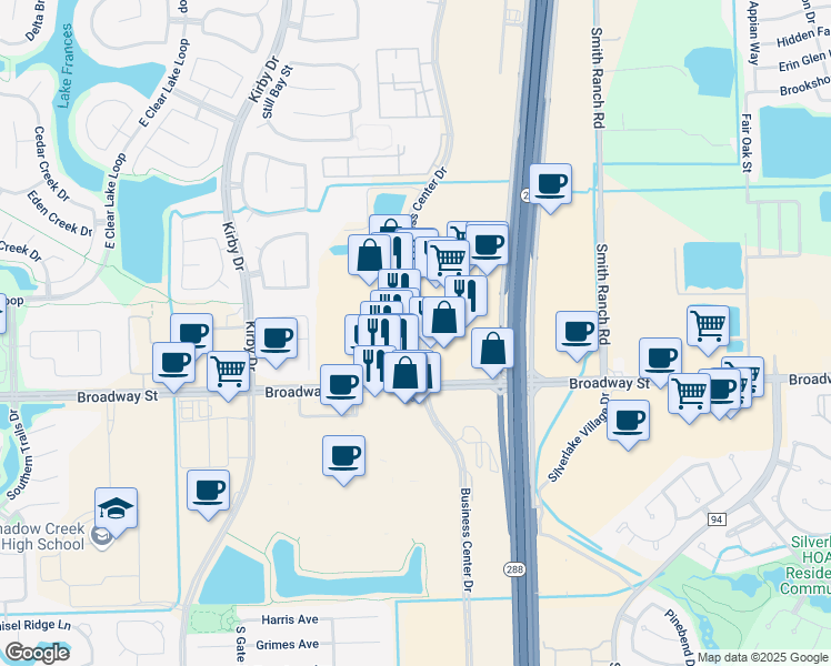 map of restaurants, bars, coffee shops, grocery stores, and more near 2628 Business Center Drive in Pearland