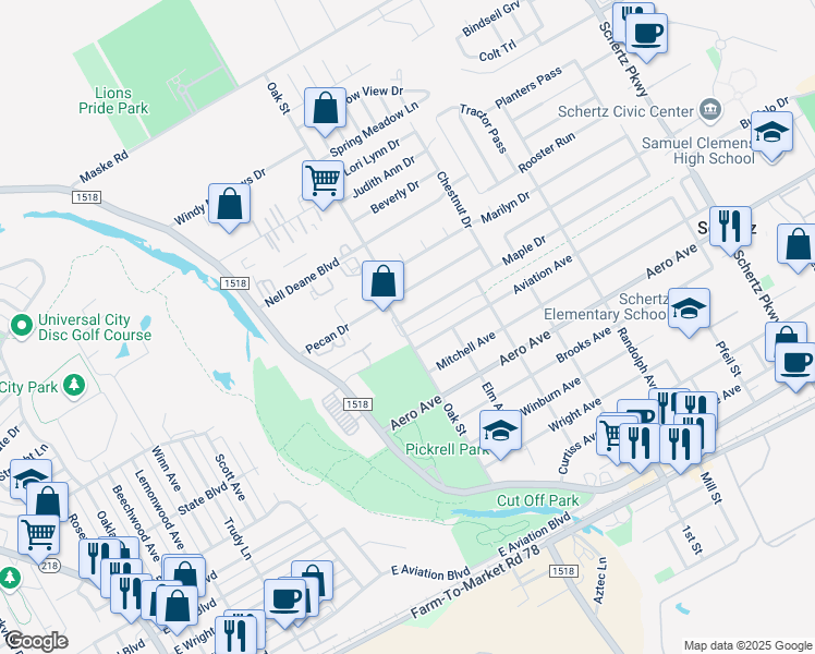 map of restaurants, bars, coffee shops, grocery stores, and more near 202 Maple Drive in Schertz