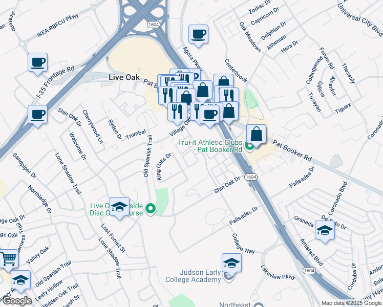 map of restaurants, bars, coffee shops, grocery stores, and more near 130212 Oak Terrace Drive in Live Oak