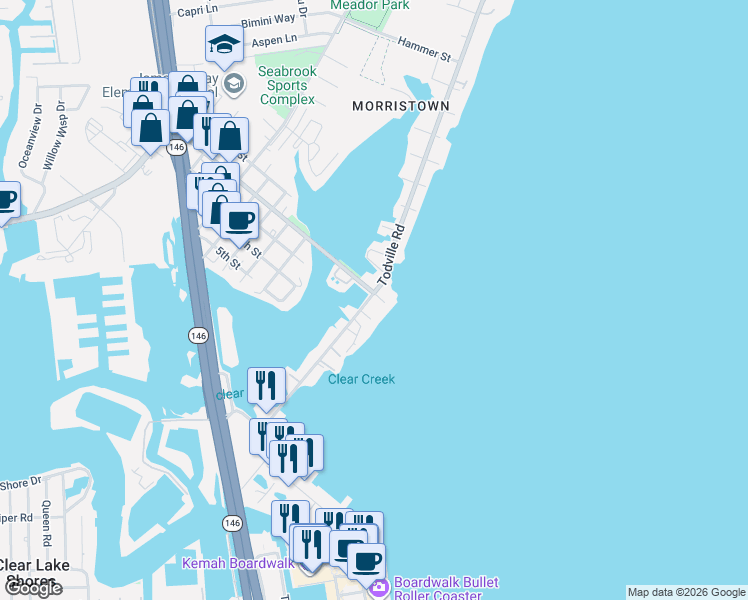 map of restaurants, bars, coffee shops, grocery stores, and more near 1106 Todville Road in Seabrook