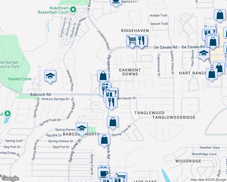 map of restaurants, bars, coffee shops, grocery stores, and more near 10246 Stable Pond Drive in San Antonio