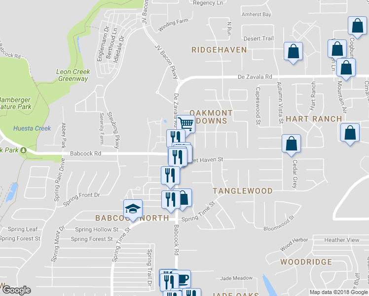 map of restaurants, bars, coffee shops, grocery stores, and more near 10214 Stable Pond Drive in San Antonio