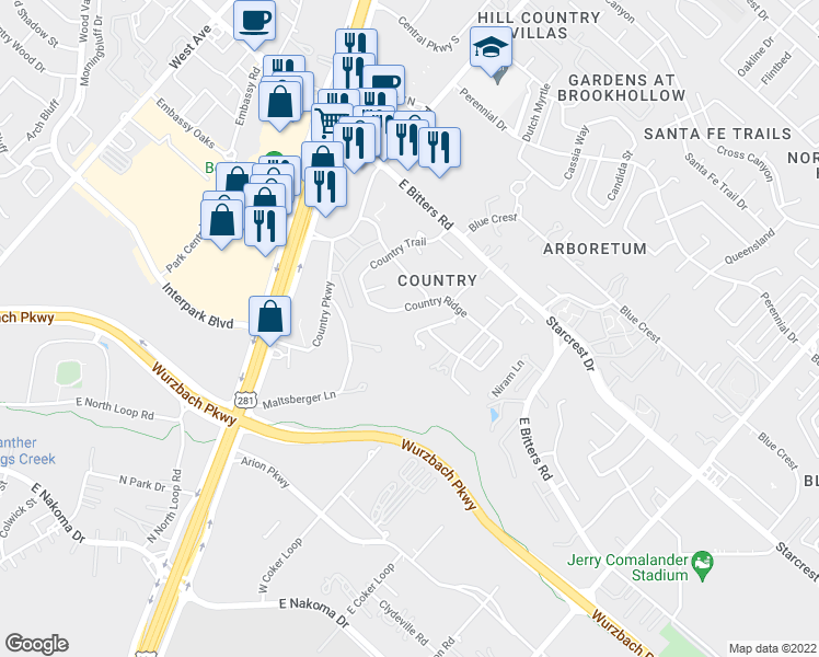 map of restaurants, bars, coffee shops, grocery stores, and more near 12911 Country Creek in San Antonio