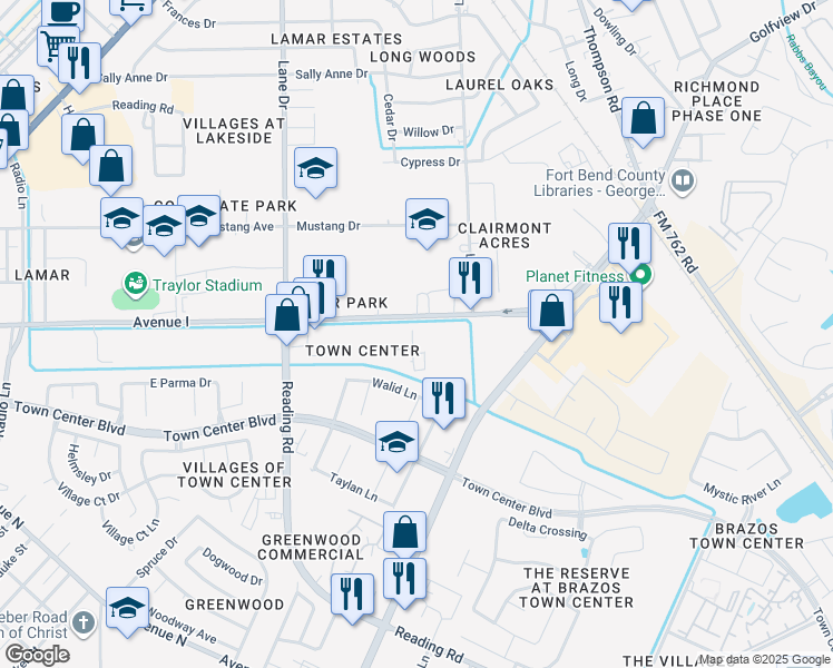 map of restaurants, bars, coffee shops, grocery stores, and more near 5820 Avenue I in Rosenberg