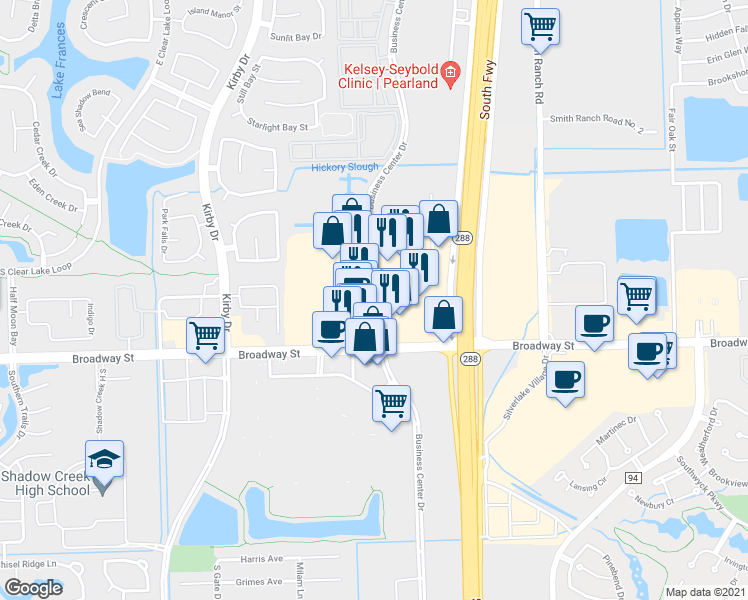 map of restaurants, bars, coffee shops, grocery stores, and more near 2586 Business Center Drive in Pearland