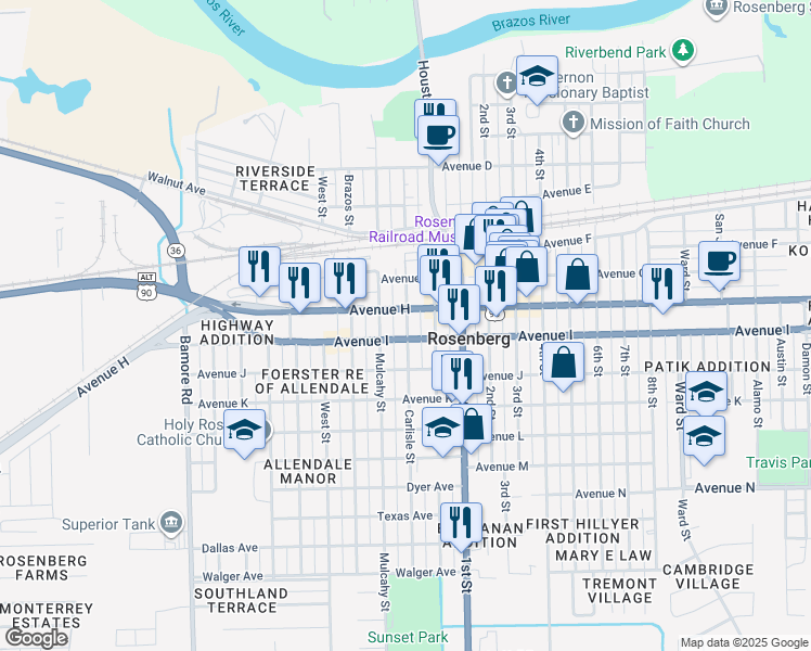 map of restaurants, bars, coffee shops, grocery stores, and more near 1010 Carlisle Street in Rosenberg
