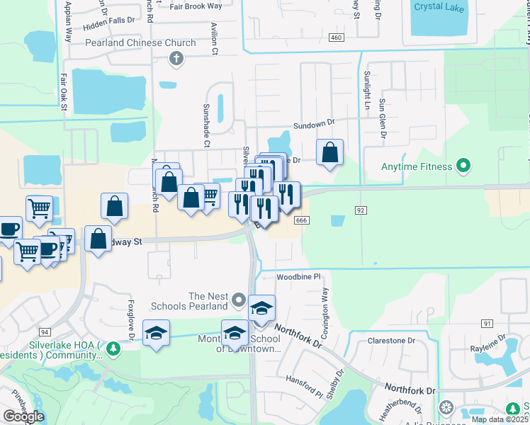 map of restaurants, bars, coffee shops, grocery stores, and more near 9431 Broadway Street in Pearland