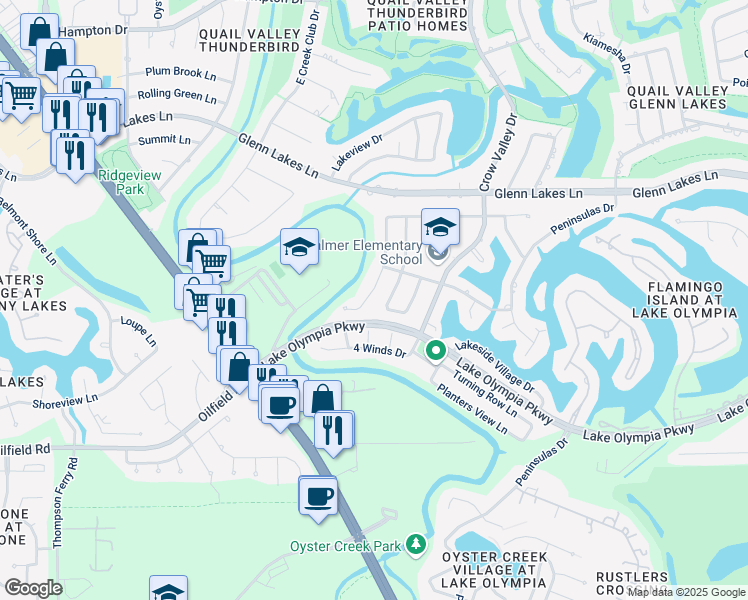 map of restaurants, bars, coffee shops, grocery stores, and more near 4335 Palmer Plantation Drive in Missouri City