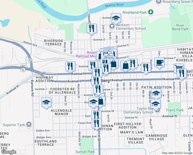 map of restaurants, bars, coffee shops, grocery stores, and more near 1701 Avenue I in Rosenberg