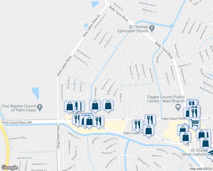 map of restaurants, bars, coffee shops, grocery stores, and more near 46 Briarvue Lane in Palm Coast