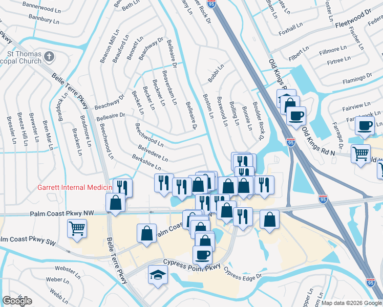 map of restaurants, bars, coffee shops, grocery stores, and more near 103 Belvedere Lane in Palm Coast