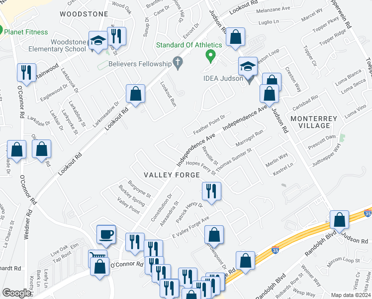 map of restaurants, bars, coffee shops, grocery stores, and more near 12819 Independence Avenue in San Antonio