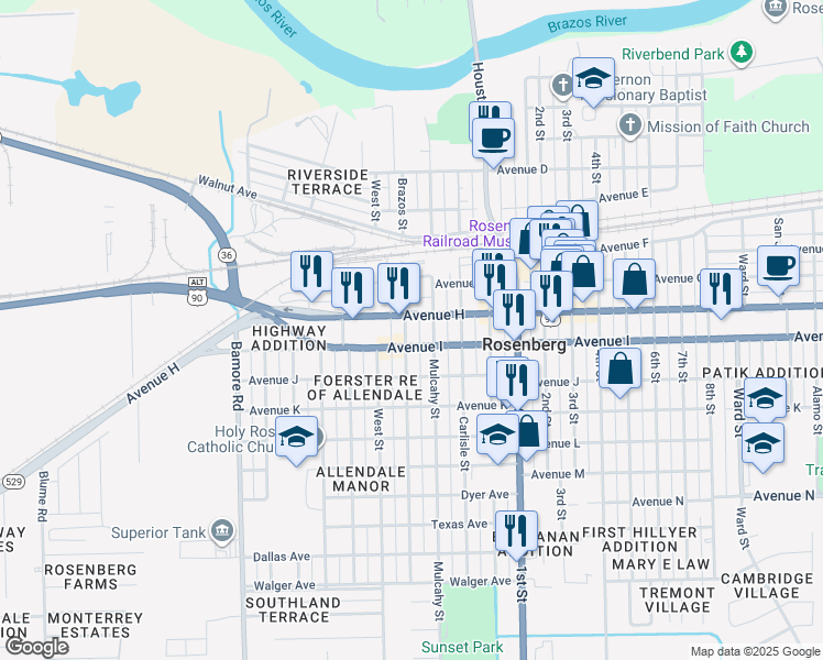 map of restaurants, bars, coffee shops, grocery stores, and more near 1018 Mulcahy Street in Rosenberg