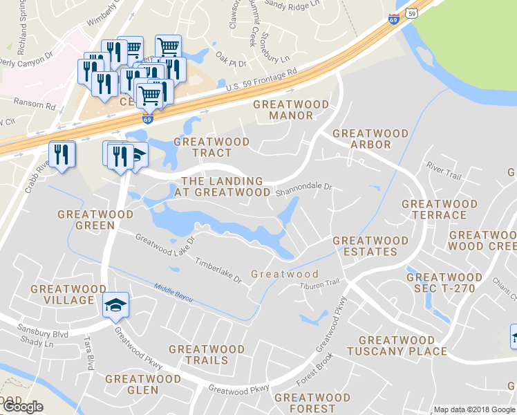map of restaurants, bars, coffee shops, grocery stores, and more near 7315 Shannondale Drive in Sugar Land