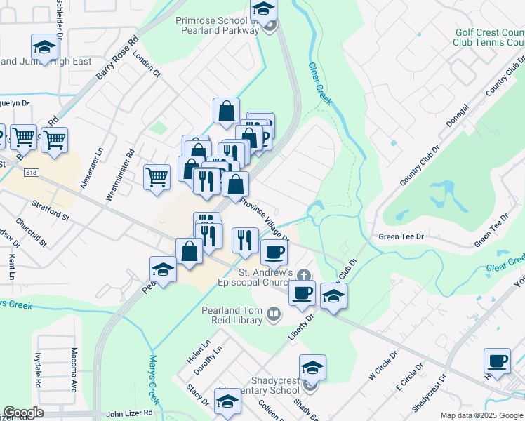 map of restaurants, bars, coffee shops, grocery stores, and more near 2915 Province Village Drive in Pearland