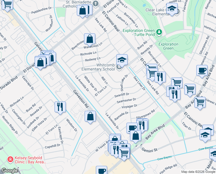 map of restaurants, bars, coffee shops, grocery stores, and more near 810 El Toro Lane in Houston