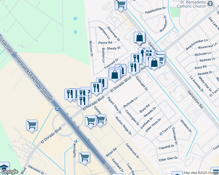 map of restaurants, bars, coffee shops, grocery stores, and more near 265 El Dorado Boulevard in Webster