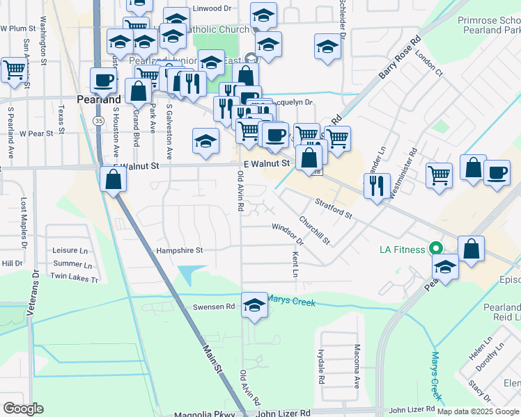 map of restaurants, bars, coffee shops, grocery stores, and more near 3403 Windsor Street in Pearland